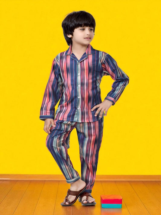 Blue Color Block Striped Printed Boys Cotton Night Dress