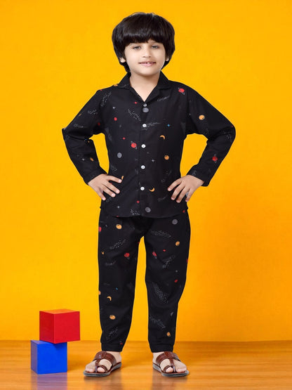 Buy Stylish Black Celestial Printed Long Boys Night Suit Online 