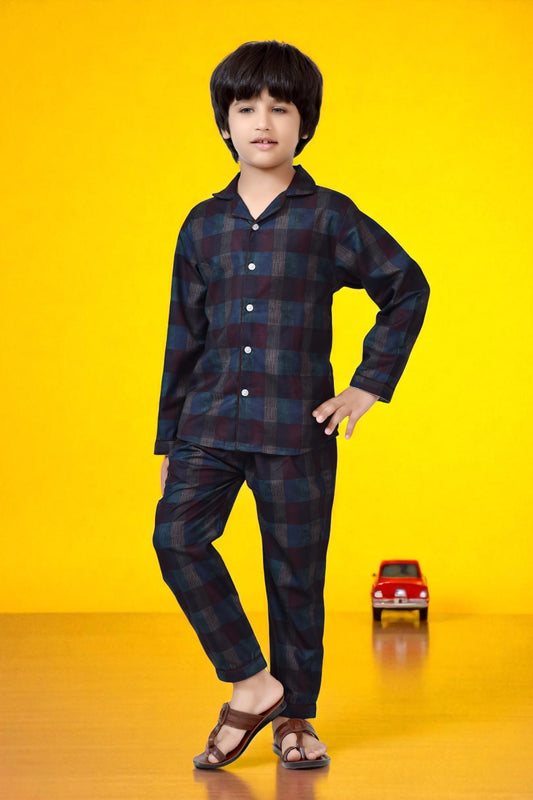 Buy Classic Midnight Blue Plaid Printed Boys Night Suit Online 