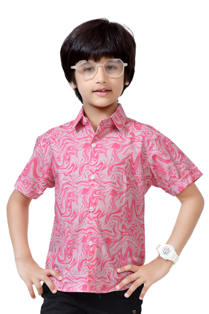 Stylish Pink Swirl Printed Pure Cotton Half Sleeve Shirt For Boys