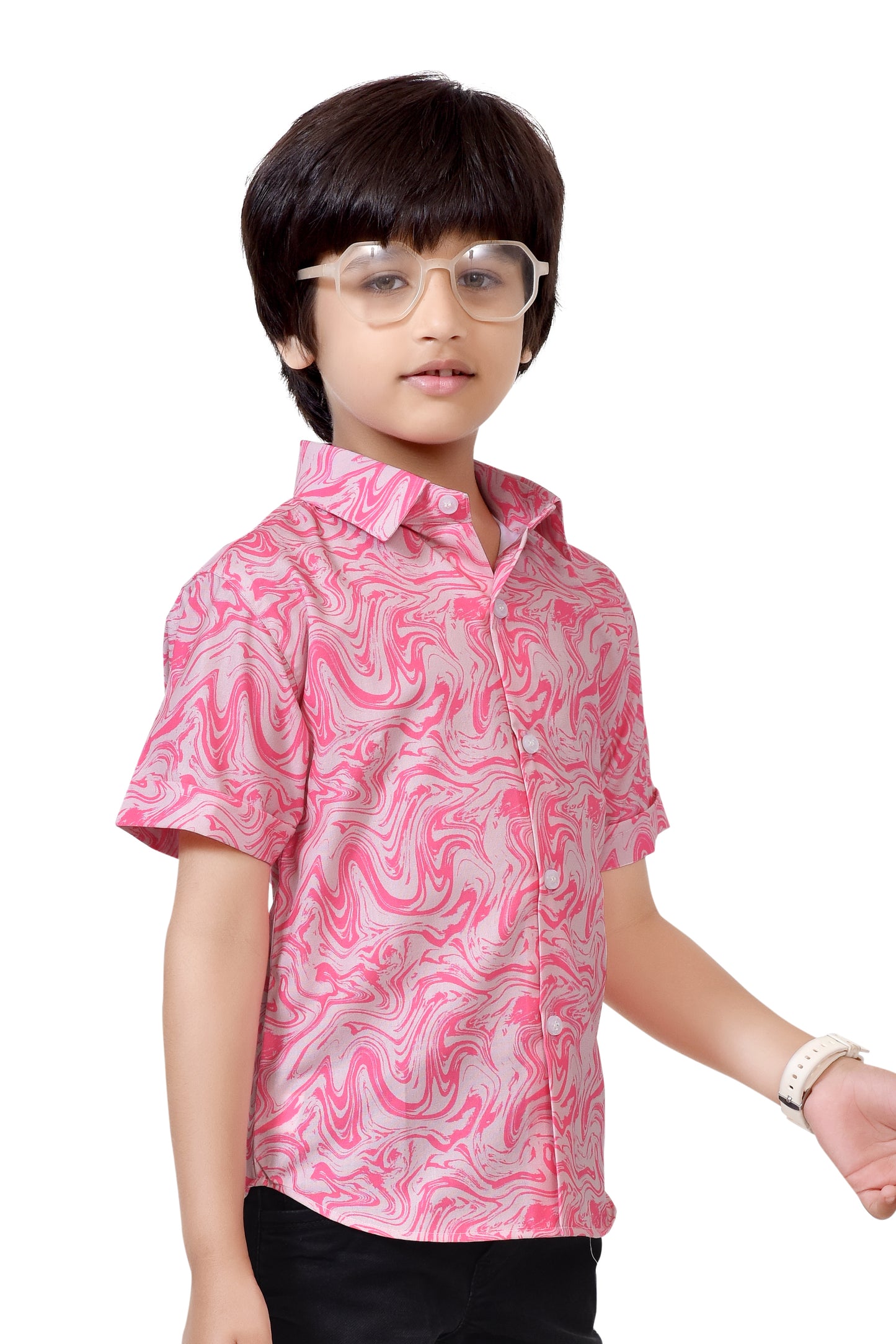 Stylish Pink Swirl Printed Pure Cotton Half Sleeve Shirt For Boys