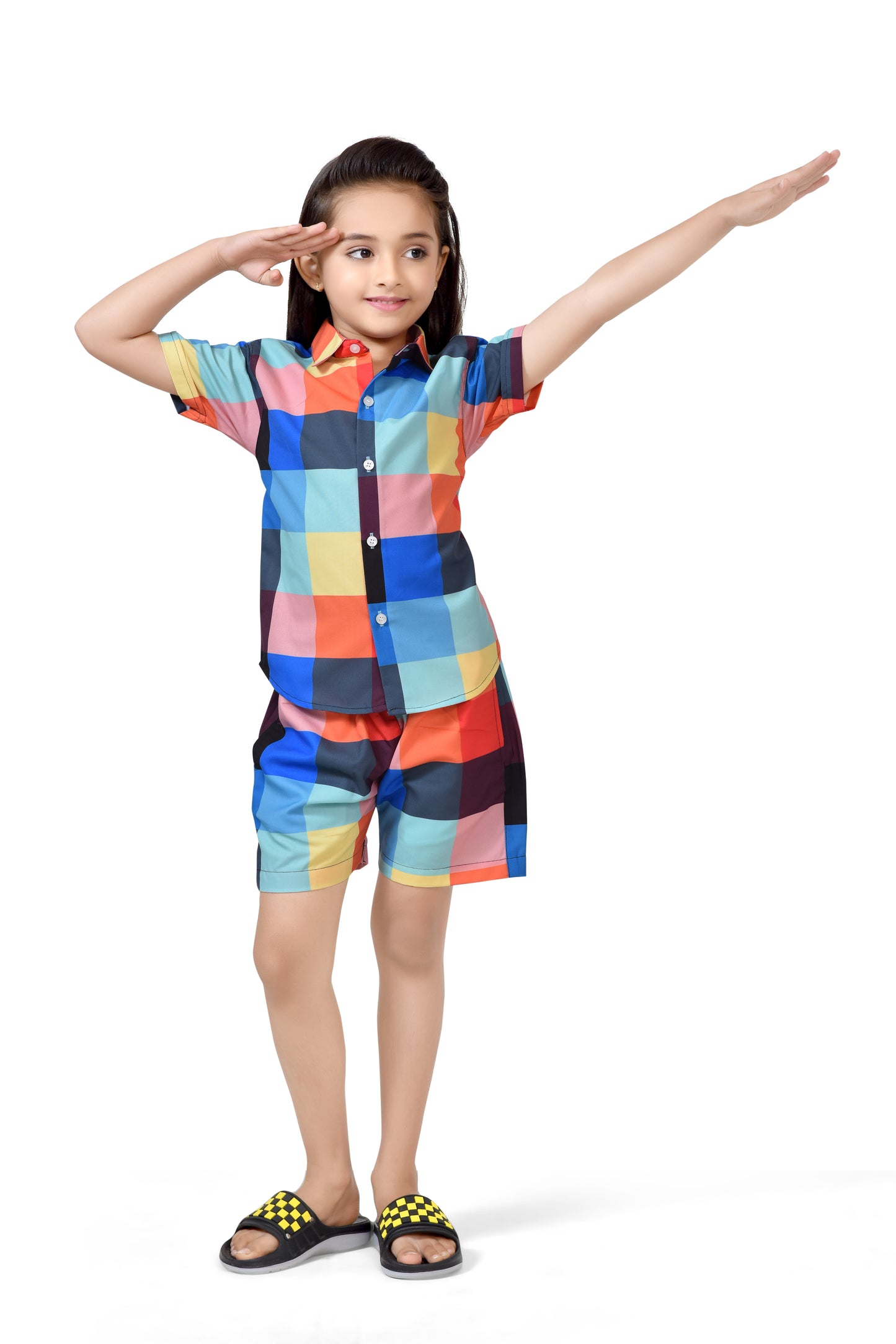 Colorful Big Checks Printed Cotton Co-Ord Set for Girls