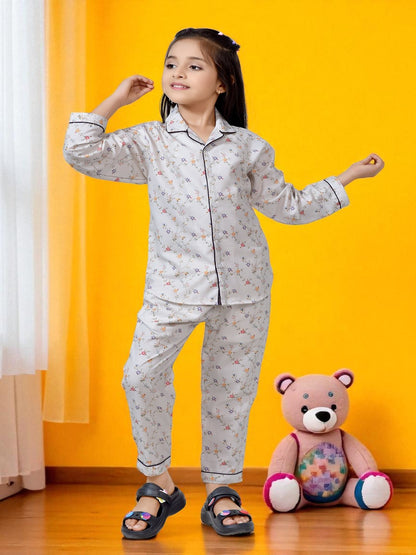 White Flower Printed Girls Nightsuit Set