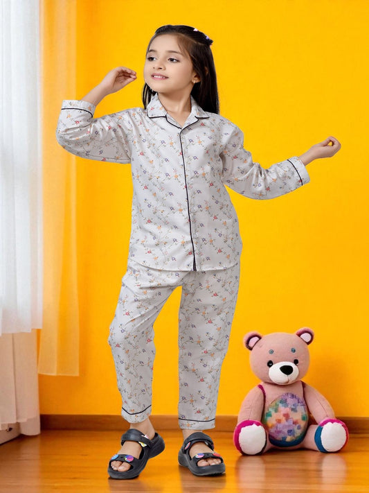 White Flower Printed Girls Nightsuit Set