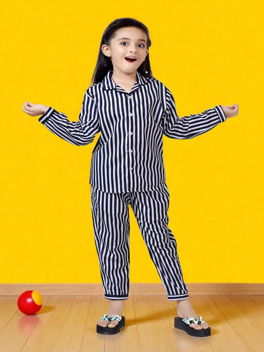 Black & White Stripe Printed Girls Nightsuit Dress - FrontView
