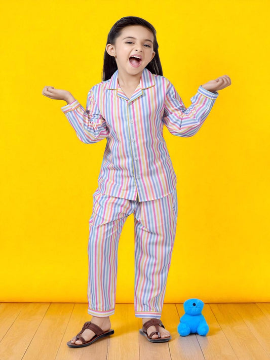 Colorful Stripe Printed Girls Night Dress 