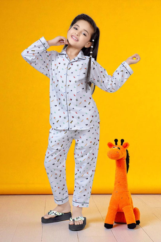 Buy Cute White Printed Girls Long Night Suit Dress Online 