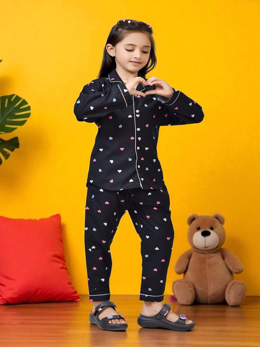 Black Heart Printed Girls Nightsuit Set - FrontView