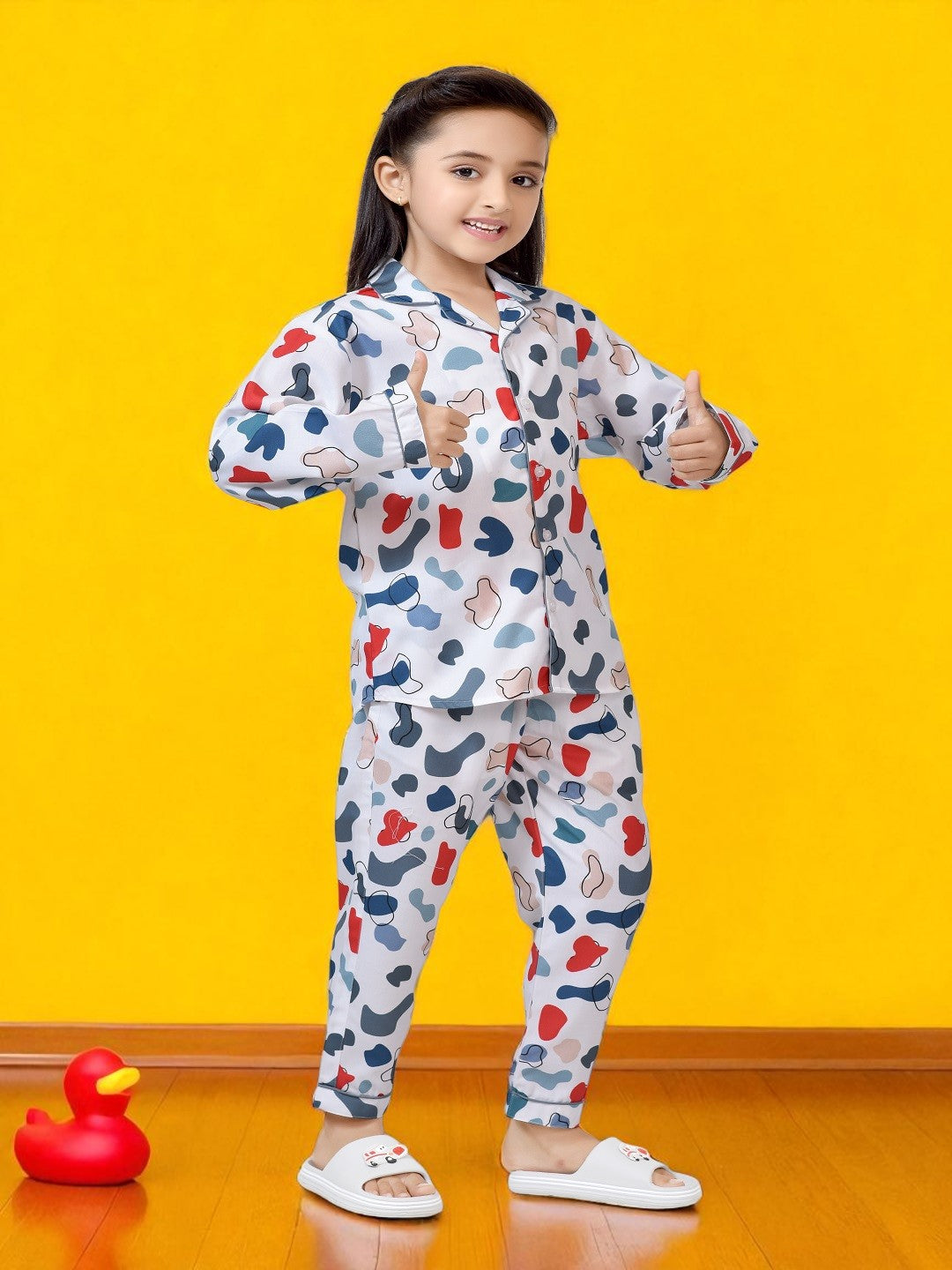 White Paint Splash Printed Girls Nightsuit Set