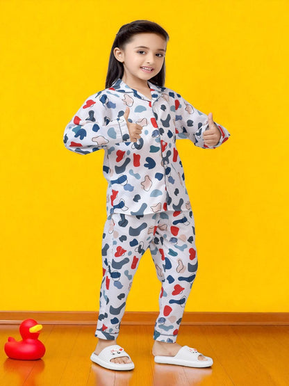 White Paint Splash Printed Girls Nightsuit Set