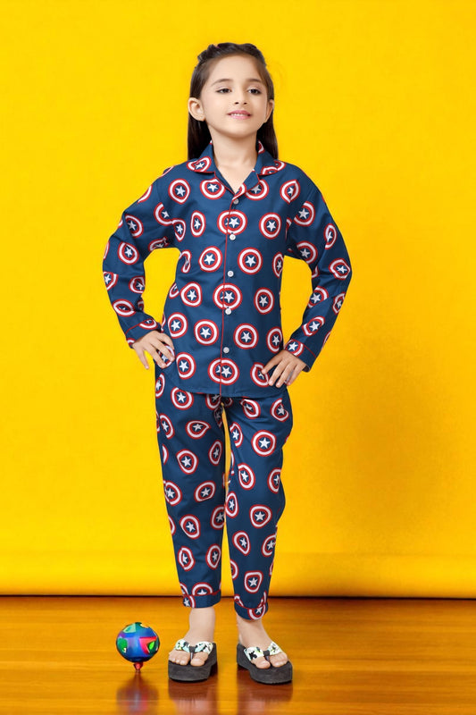 Buy Blue Captain America Shield Printed Girls Night Suit Online 