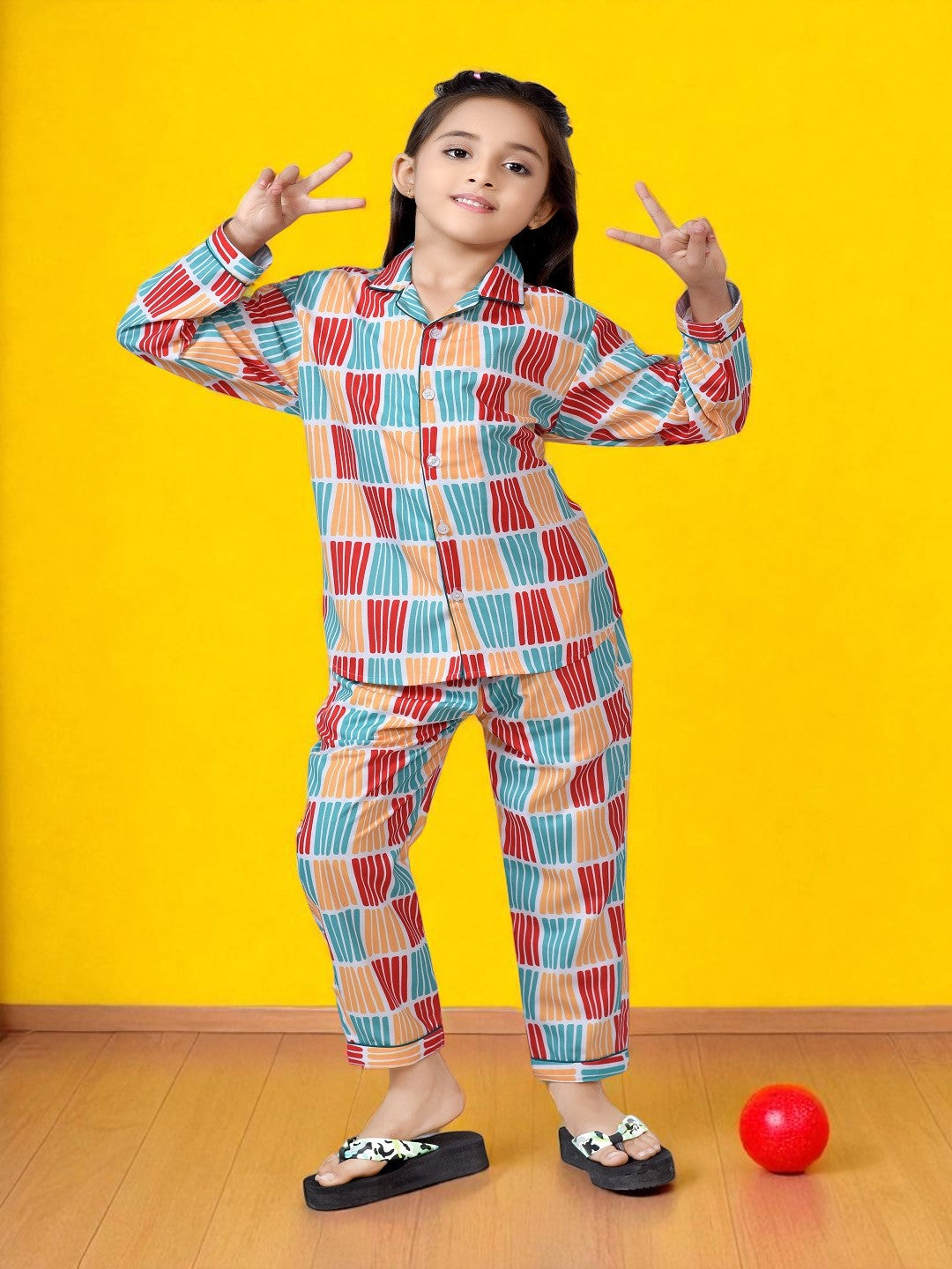 Red and Yellow Color Stripes Long Girls Cotton Pajama Suit 