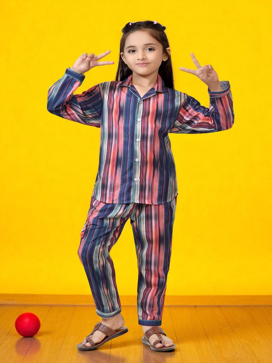 Color Block Striped Printed Blue Girls Cotton Night Dress 