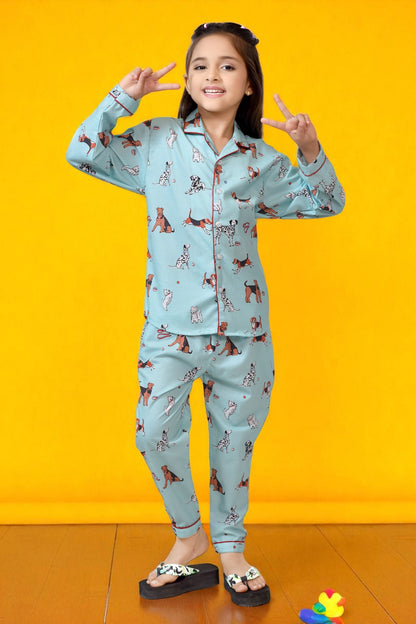 Stylish Sky Blue Puppy Printed Cotton Girls Nightsuit