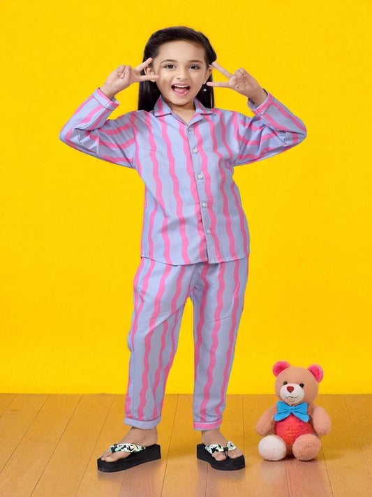 Sky & Pink Striped Printed Girls Cotton Night Dress 