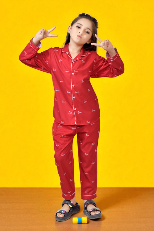 Buy Red Love Printed Stylish Girls Night Suit Dress Online 