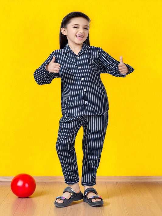 Navy Blue Striped Long Sleeve Cotton Girls Night Suit 