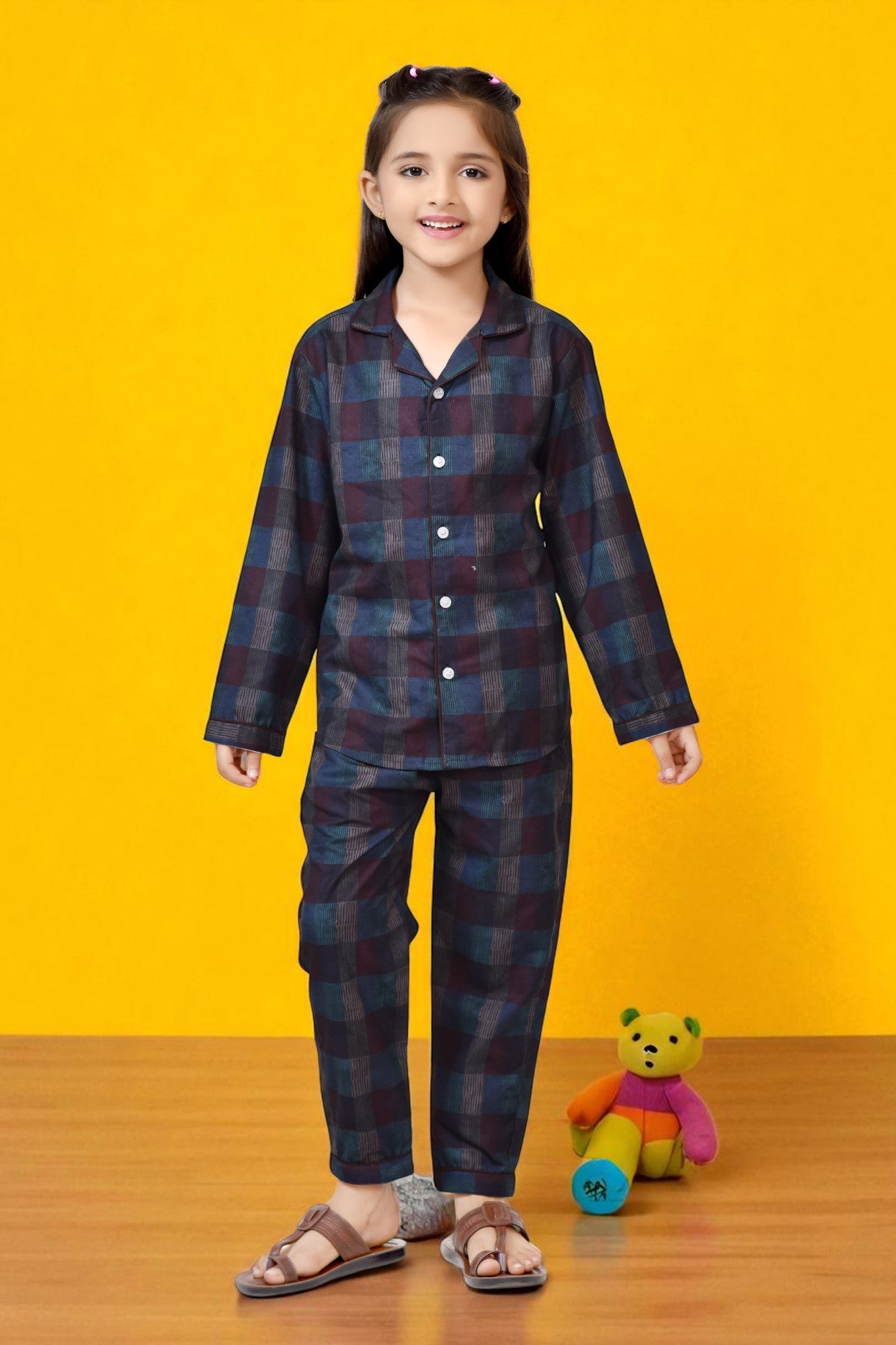 Buy Midnight Blue Plaid Printed Girls Cotton Night Suit Online 