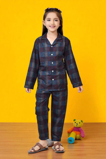 Buy Midnight Blue Plaid Printed Girls Cotton Night Suit Online 
