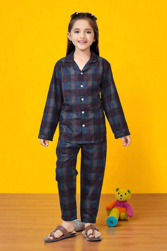Buy Midnight Blue Plaid Printed Girls Cotton Night Suit Online 