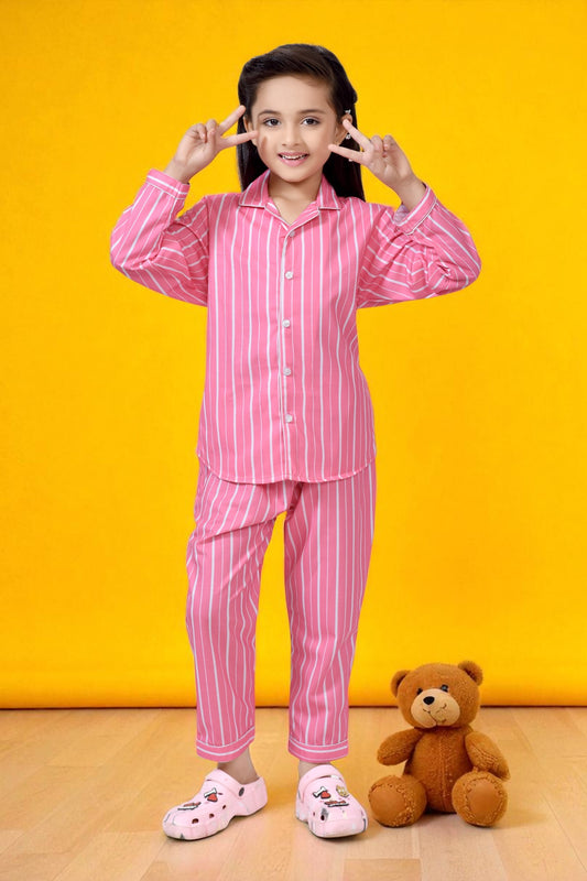 Buy Candy Pink Striped Stylish Girls Night Suit Set Online 