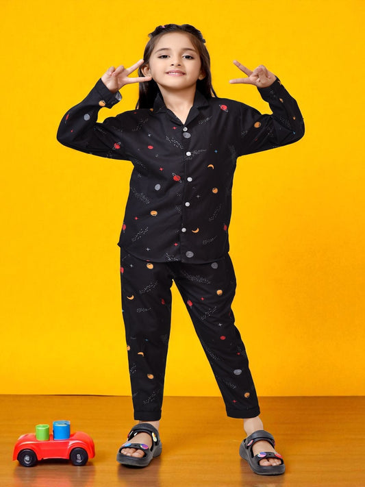 Buy Girls Black Galaxy Print Cotton Pajama Suit Online