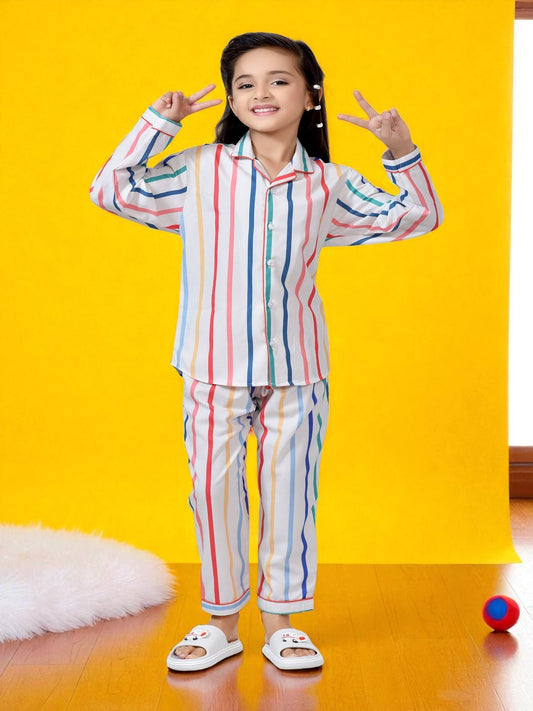 Colorful Printed Striped Girls Cotton Nightsuit 