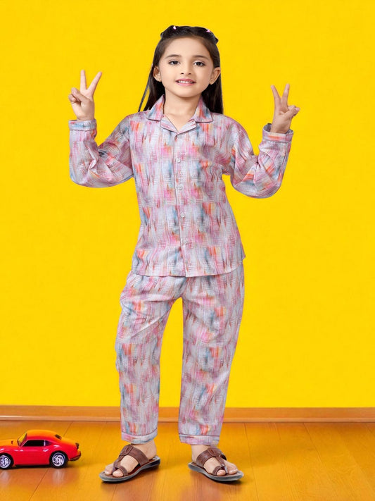 Colourful Abstract Printed Long Sleeve Girls Night Suit 