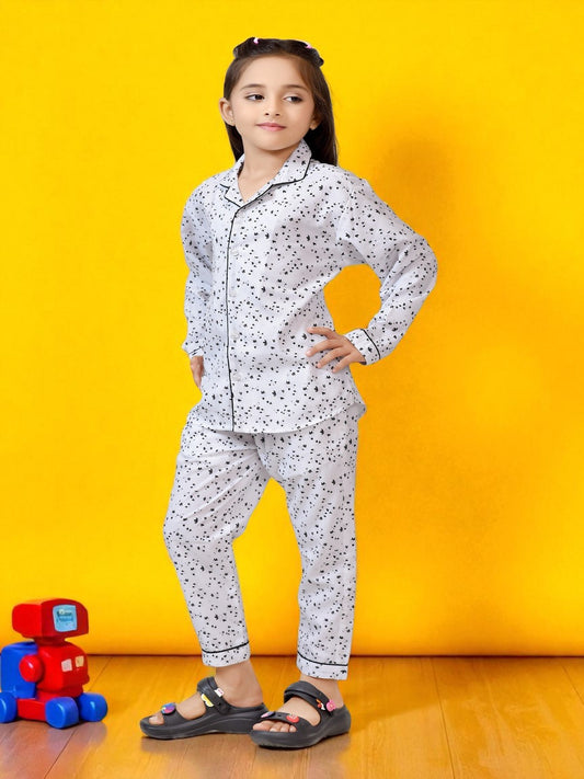 Black & White Polka Printed Girls Nightsuit - FrontView