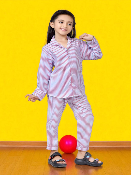Blue & Pink Stripe Printed Night Suit Set - FrontView