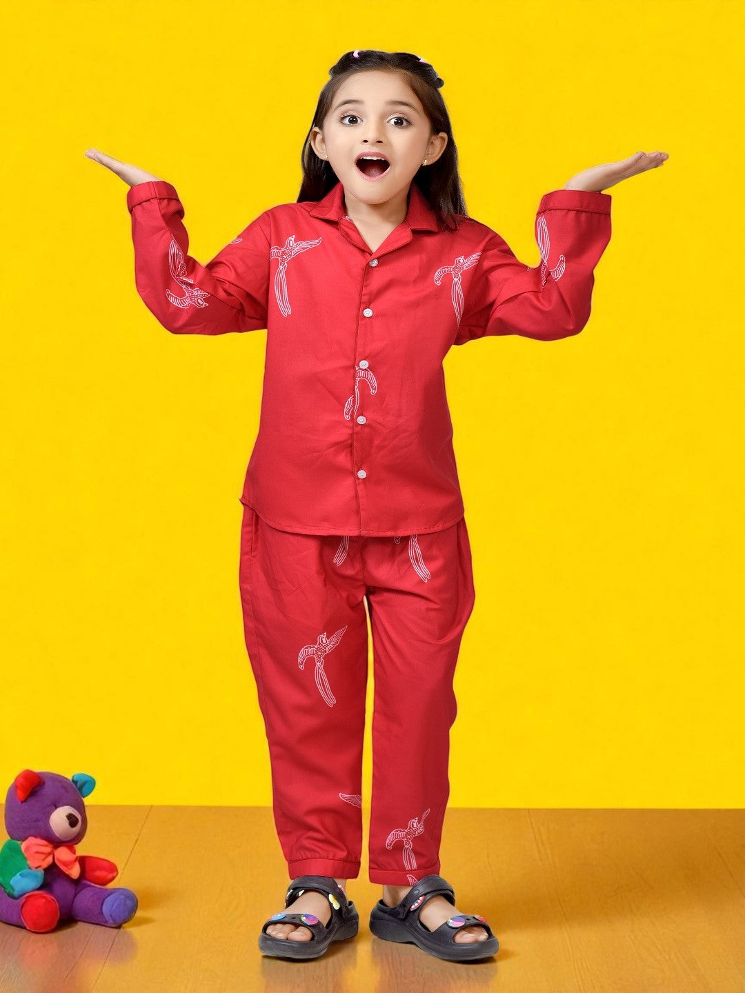 Stylish Red Color Bird Printed Girls Night Suit