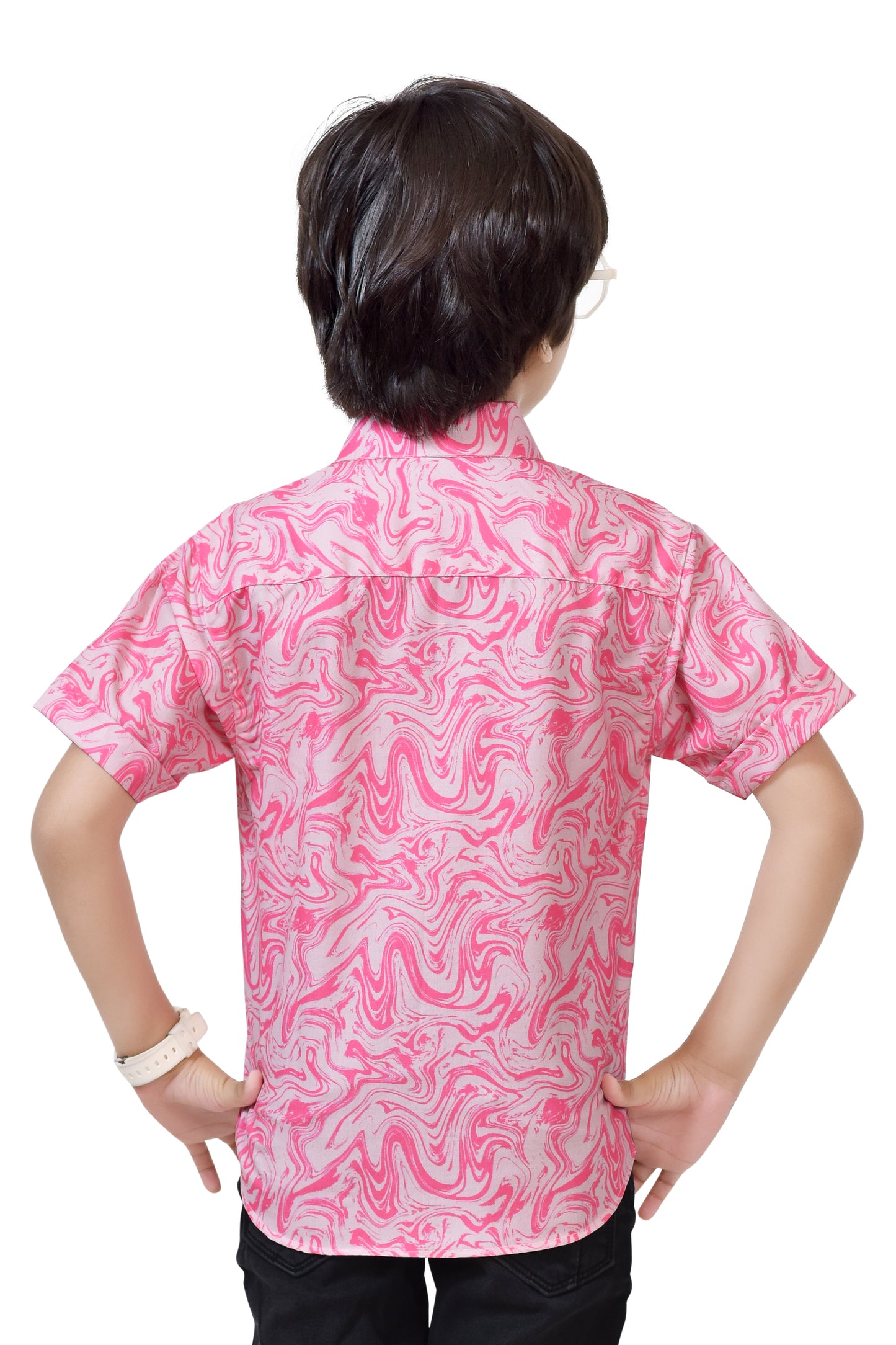 Stylish Pink Swirl Printed Pure Cotton Half Sleeve Shirt For Boys