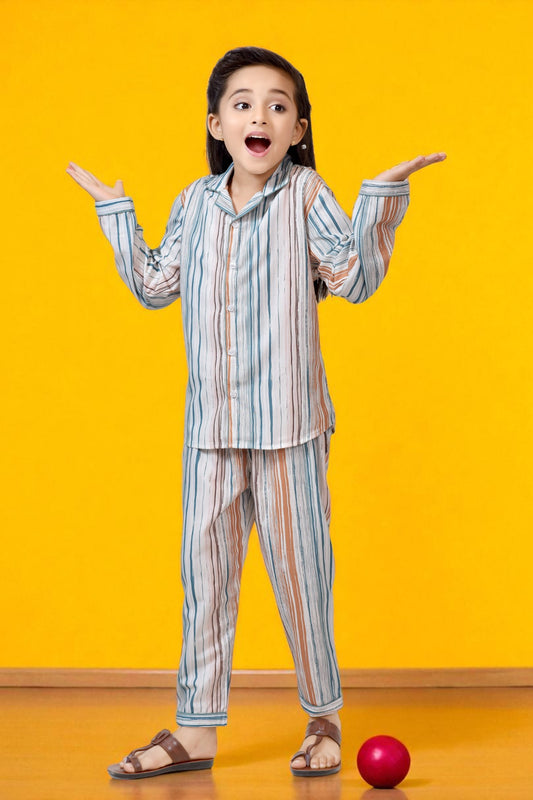Buy Earth Tone Striped Cotton Girls Night Suit Set Online