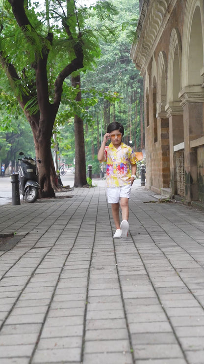 Yellow Abstract Floral Printed Cotton Shirt with White Shorts