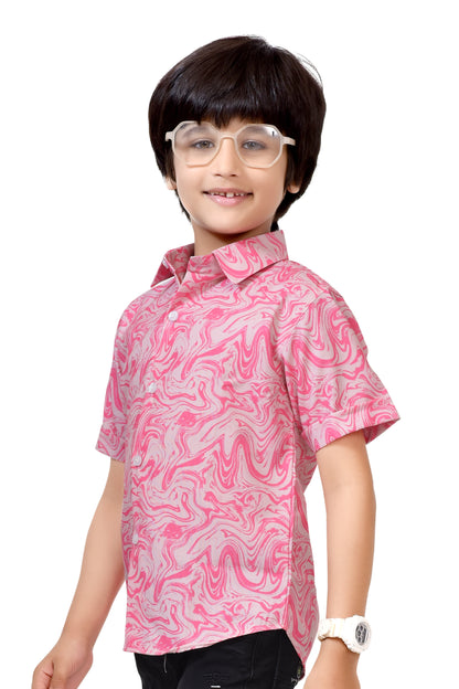 Stylish Pink Swirl Printed Pure Cotton Half Sleeve Shirt For Boys