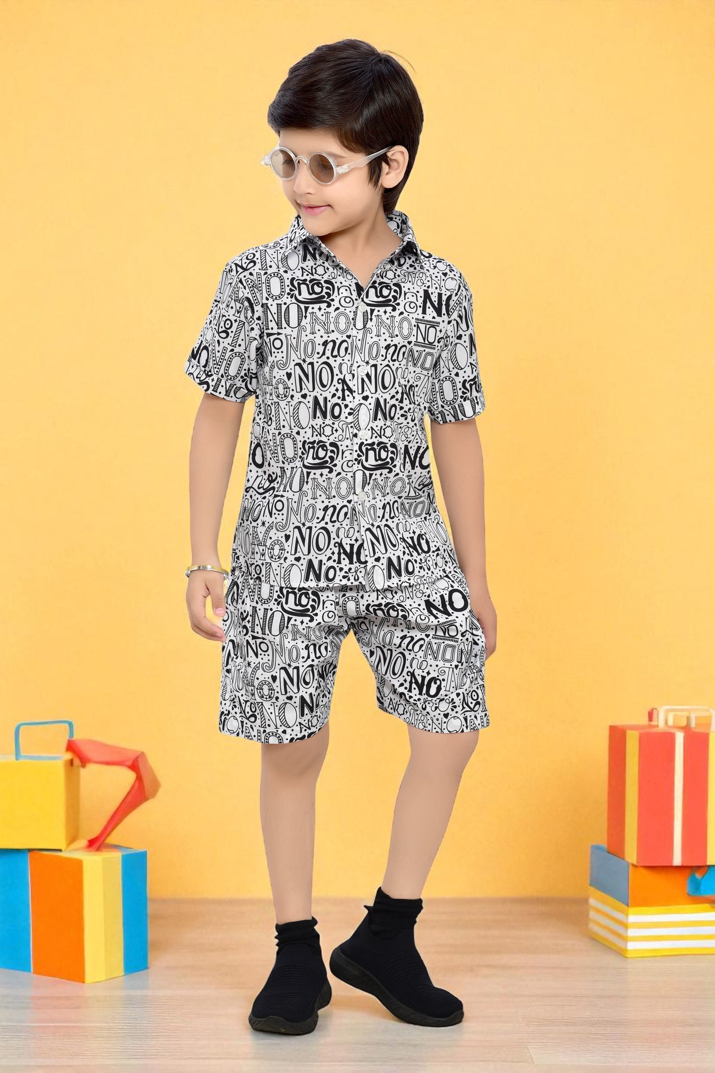Black and White Text Printed Boys Cotton Co-Ord Sets